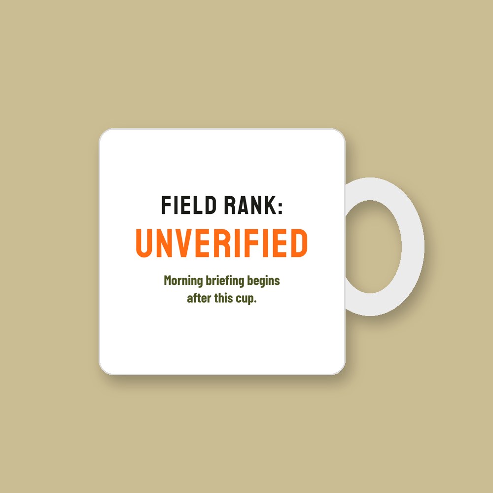 White mug printed with Field Rank: Unverified