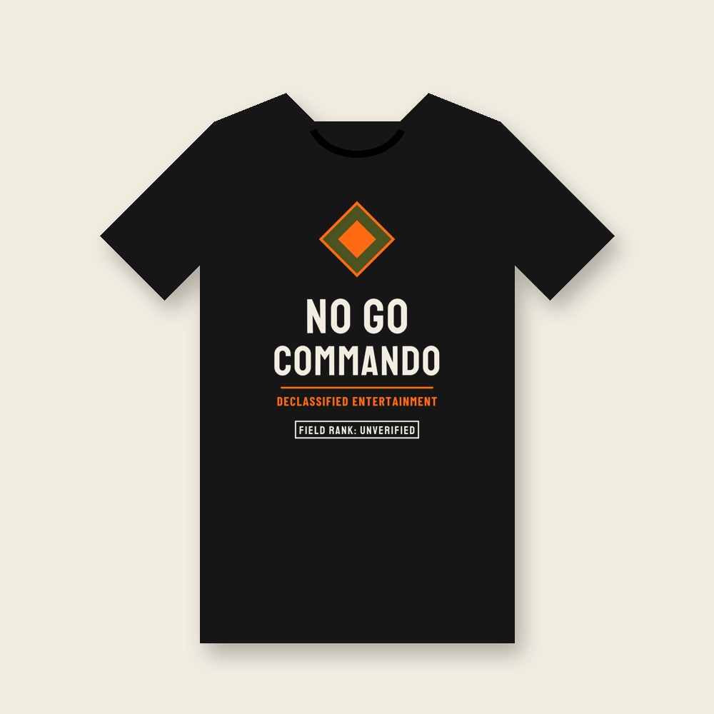 Black No Go Commando t-shirt with orange diamond badge